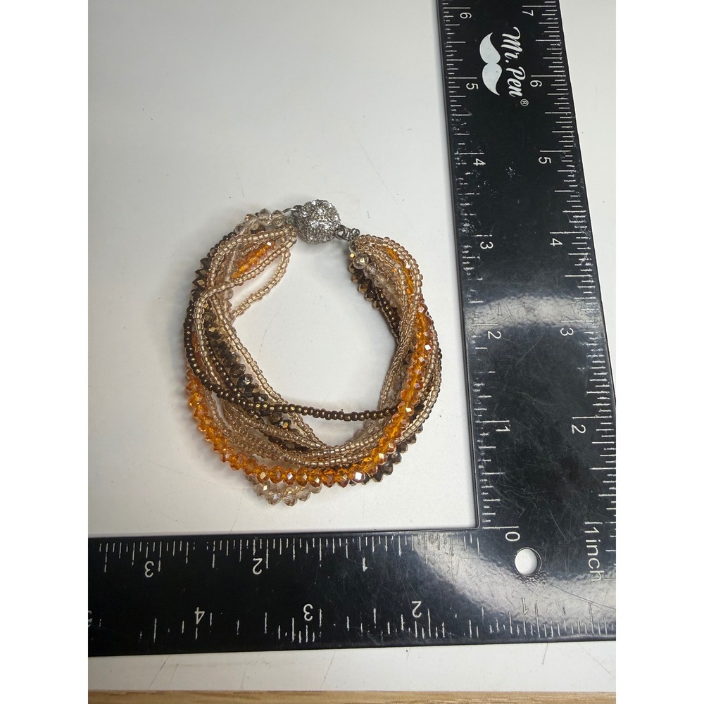 Multi Strand Beaded Magnetic Bracelet Amber Bronze Champagne Crystal 7.5 inch